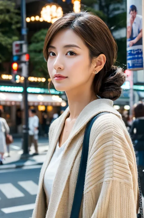 ((Highest quality)), ((masterpiece)), (detailed), Japanese,Street Corner,Beauty,Tokyo,Mature Woman,40s