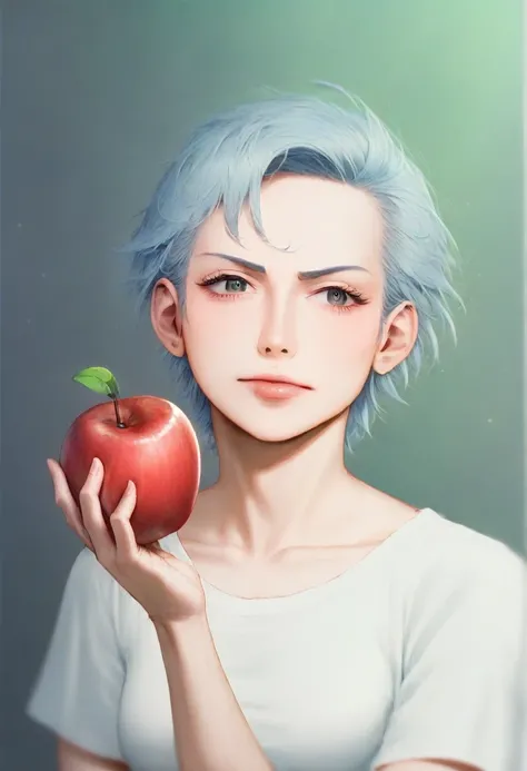 A boy in anime style laughing at an anime style joke while holding an apple, a very serious anime style girl who didnt like the joke and grabbing an apple with disgust, beautifully detailed eyes, beautiful detailed lips, extremely detailed eyes and face, l...