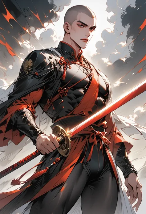 Chinese swordsman，Male swordsman，muscular，Short curly hair，Buzz Cut，Explosive muscles，Spandex tights，Handsome，perfect pupils，Simple lines，Abstract Art，Holding a red long sword，