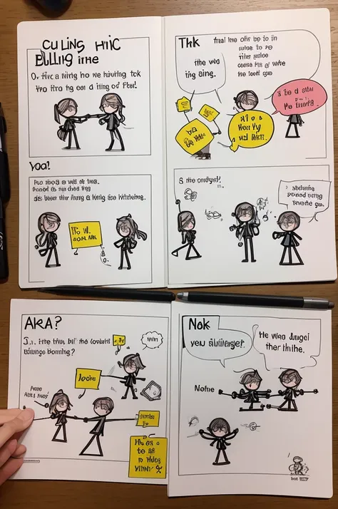 create 7 stick figure comics that have to do with bullying