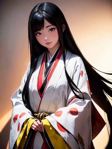 (Solo Japanese Girl:1.3), (Straight Long Hair, Shiny black hair:1.3), Karagin Jacket, Long hakama, 5 piece garment cuffs and chest, Wearing Imperial Kimono, Empire Pattern, (from the front), (Cowboy Shot), (Leaning forward, look up, From above:1.3), (((mas...