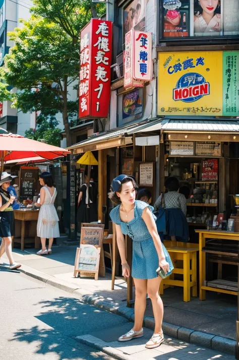 ((Highest quality)), ((masterpiece)), (detailed), Japanese,Street Corner,Beauty,Tokyo,40s,summer