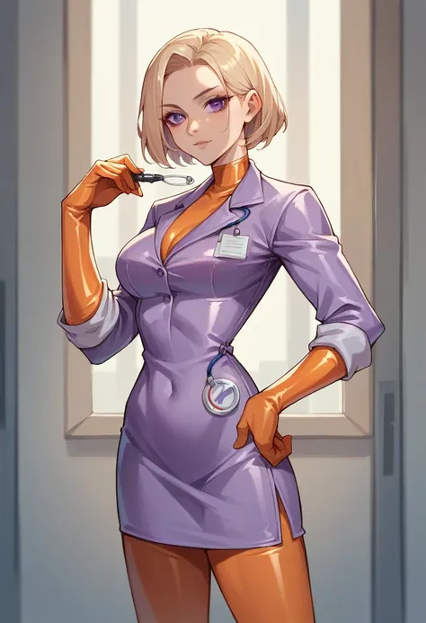 1girl, light hair, ((orange elbow gloves)), ((surgical gloves)), ((latex gloves)), ((long sleeves)) ((purple surgeon outfit)), looking at viewer, ((purple doctor outfit)), standing, solo