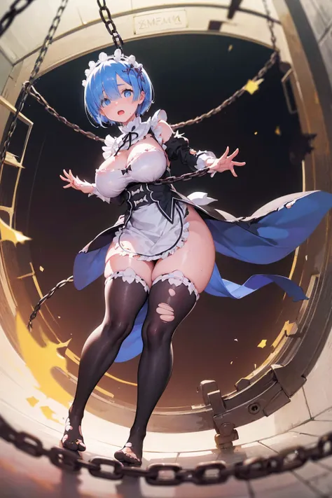 Castle terrace、Looking up from below、Plump、(Show your pants)、(((((Fighting Pose)))))、((((Rem with her hands and feet bound in chains)))),(((((Fisheye Lens)))))、(((((Super huge breasts))))、((((Plump thighs))))、(((Rem from Re:Zero)))、((looking at the camera)...