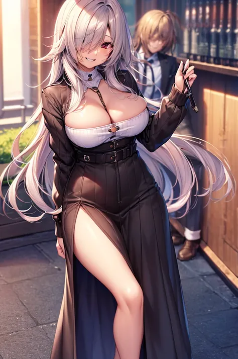 masterpiece)),((Highest quality)),High resolution,Highly detailed CG,Perfect lighting,8k wallpaper、One Woman, alone、Black Hair、Very long hair、Ahoge、Hiding one eye、Slanted Eyes、Red Eyes、Very large breasts、Very large breasts、very thick legs、grin、、Looking int...