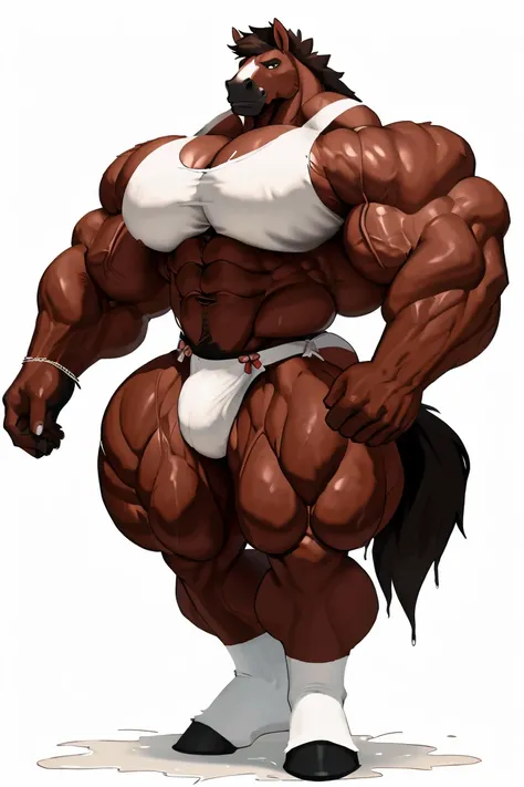 overly muscular horse, masculine face, perverted expression, flushed cheeks, prominent veins, huge butt, huge chest (huge: 2.5), muscular thighs, thin waist, full body, white background, wearing white panties with bows (wet), sexy pose in the gym.