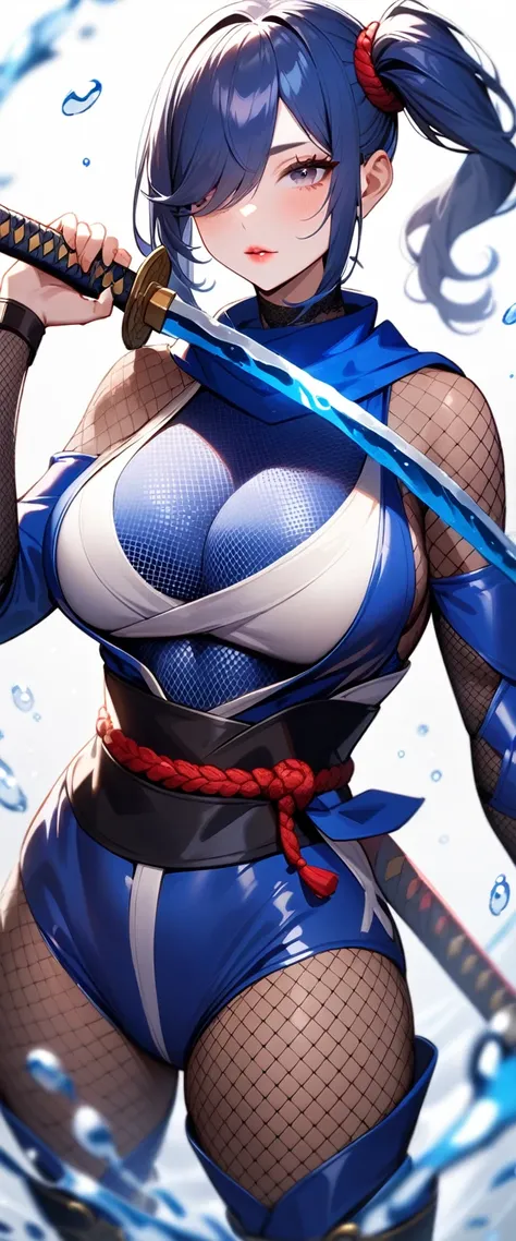 1girl,solo,super detailed skin,shiny skin,natural face,lips gloss,eyelashes,blue hair,hair over one eye,half open eye,eyelashes,lips gloss,side ponytail,large breasts,ninja clothes,fishnet,blue vinyl body suit,water magically,katana in hand,simple backgrou...