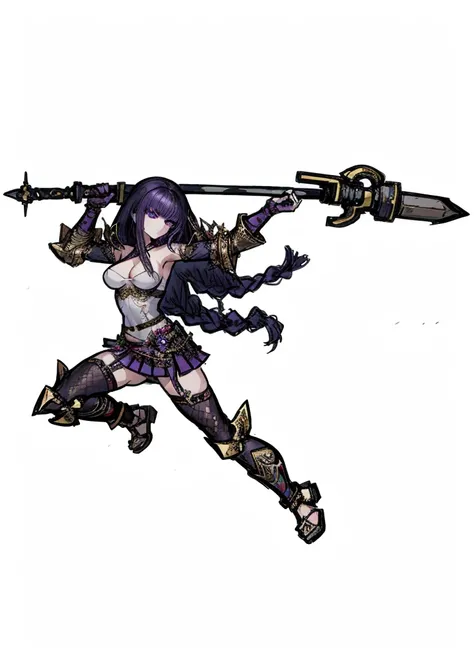 1girl, purple hair, spear, powerful warrior, nice clothes, (high resolution, high detail, best quality), medium breasts, serious, white background