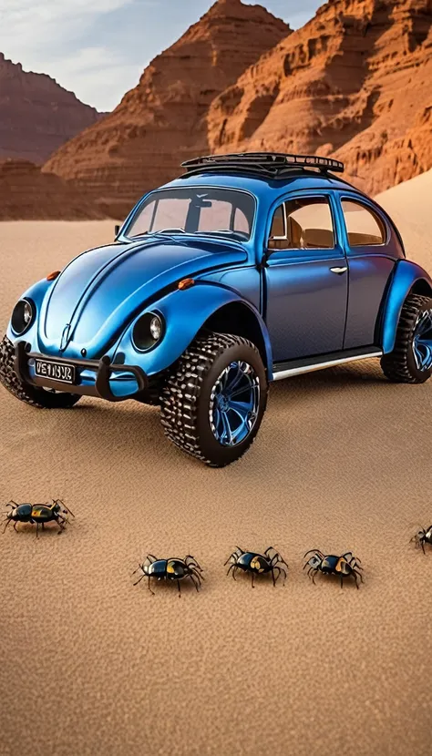 based on the volkswagen beetle、insect-inspired futuristic design、beetle、blue、shiny metal body、big off-road tires、beetleのツノ、four ...