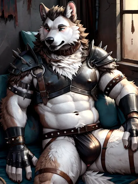 old disgusting dirty dive, worn out skimpy armament, low on hips heavy leather belt, old worn skimpy dirty white linen jockstrap, white linen jockstrap with brown stains from old sperm cum, studded skimpy armlets breastplate armor, leather bondages, finger...