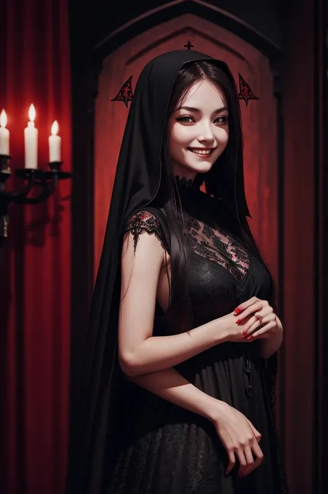 long-haired girl，Wearing a long black lace dress，Shoulders exposed,  grin smile，(((((unholy)))))，red color eyeystical ambiance)))，(((Dark style)))