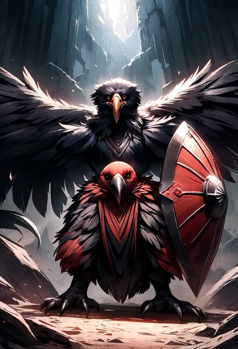 create an amanial vulture, with shield, and sword, with red and black colors 