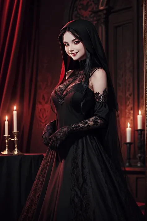 long-haired girl，Wearing a long black lace dress，Shoulders exposed,  grin smile，(((((unholy)))))，red color eyeystical ambiance)))，(((Dark style)))