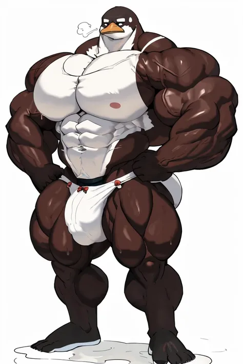 overly muscular penguin, masculine face, perverted expression, flushed cheeks, prominent veins, huge butt, huge chest (huge: 2.5), muscular thighs, thin waist, full body, white background, wearing white panties with bows (wet), sexy pose in the gym.