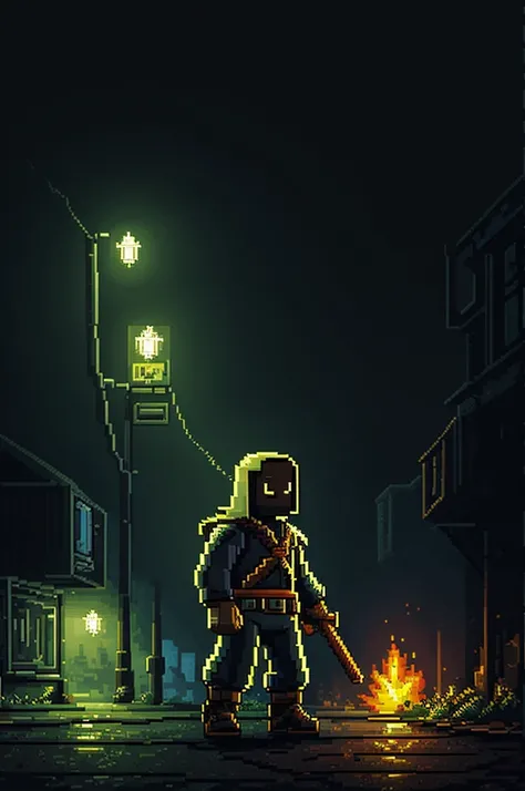 Video game pixel art in a dark tone 