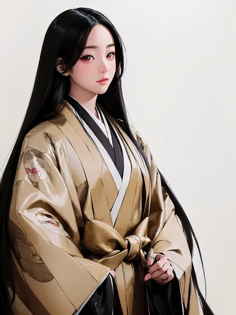 (solo japanese girl:1.3), (straight long hair, shiny black hair:1.3), karagin jacket, long hakama, 5 piece garment cuffs and che...