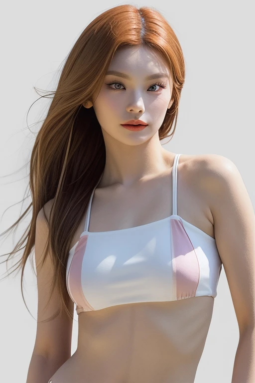 jennie1,1girl, solo, (realistic),(hyperrealism),(best quality),(masterpiece),(ultra high res),(photorealistic),(film grain),(upper body),eye makeup,detailed eyes,detailed face, ginger hair, midriff, transparent bikini, posing for a photo, simple background