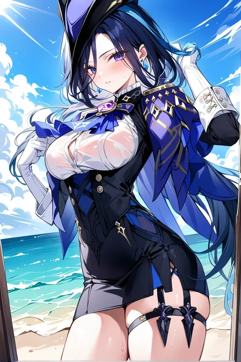 anime girl with a sword on the beach by the ocean