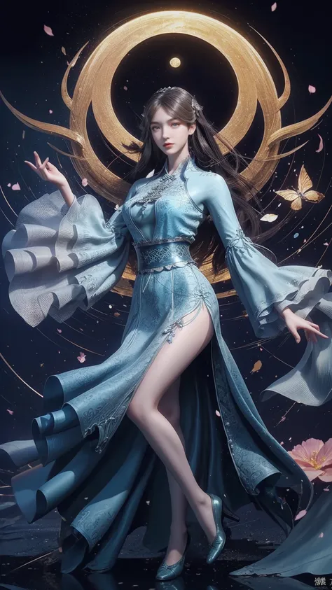 A beautiful woman with perfect curves wearing a long blue dress that gently flutters in the air,The beautiful woman was standing in a sea of beautiful flowers surrounding her, Chinese traditional, her flexible body increasing with every movement, So enchan...