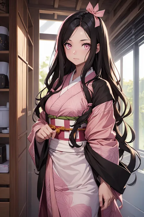 Browsing Caution　topless　Completely naked　Nezukokamado, Nezuko Kamado, Black Hair, (amount:1.5), Hair Ribbon, Long Hair, Multicolored Hair, (Pink Eyes:1.5), Orange Hair, Elongated pupils, Wavy Hair, Two-tone hair, break asa no ha (pattern), checkered sash,...