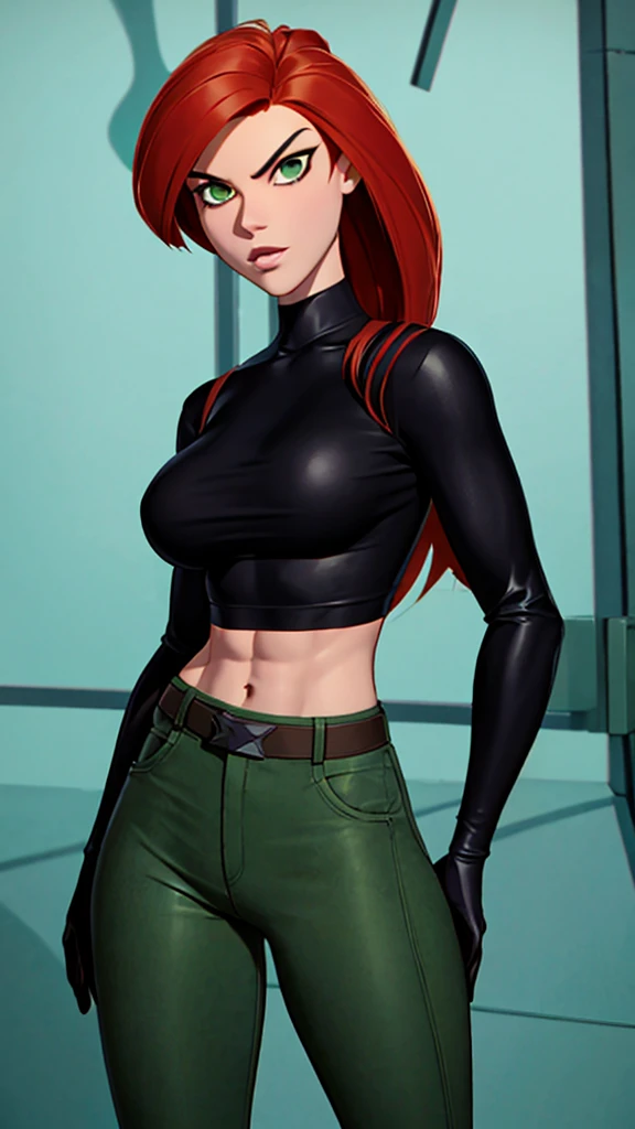 Redhead badass Kimpossible black turtleneck and green pants sexy and alluring mature woman sexy and alluring beautiful and lovely elegant spy badass and magnificent babe sparsely clothed toned abs and large breasts 