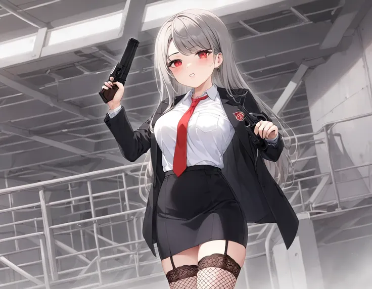 A shot fired from a pistol into the chest of a gentleman in a black suit.、A large amount of fresh red blood overflowing from the chest、fire a handgun、She lifts her skirt with both hands、Showing off cute white underwear.、Black garter belt、Black rough fishne...