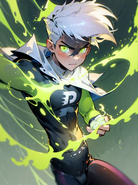 1male, white hair, messy hair, undercut hair, neon green eyes, super suit, cape, tattered clothing, serious expression