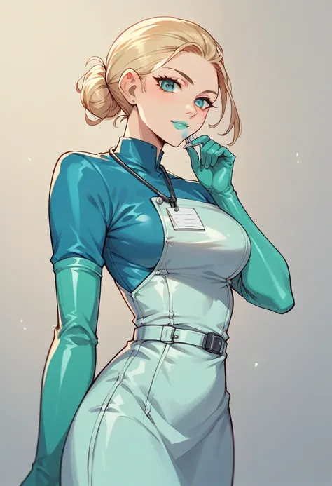 1girl, ((cyan elbow gloves)), ((surgical gloves)), ((latex gloves)), ((long sleeves)) ((blue surgeon outfit)), looking at viewer, ((blue doctor outfit)), standing, solo