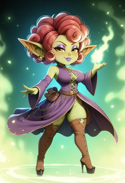 Girl, goblin girl, goblin, green skin, short, short stature,short hair, red hair, curly hair, large breasts, long gloves, thigh boots, pouty lips, masterpiece, best quality, sexy, dynamic pose, 8k, shortstack, sfw, shiny, fantasy, dungeons and dragons, hig...