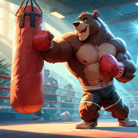 baloo's training for the boxing championship, dark fur, thick arm, huge arm, dark hair, muscular, pectoral, wide pectoral, reali...