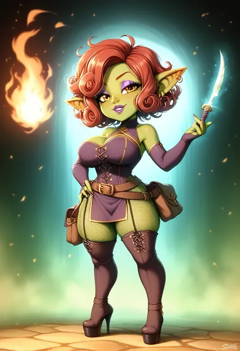 Girl, goblin girl, goblin, green skin, short, short stature, short hair, red hair, curly hair, large breasts, long gloves, thigh boots, pouty lips, masterpiece, best quality, sexy, dynamic pose, 8k, shortstack, sfw, shiny, fantasy, dungeons and dragons, hi...