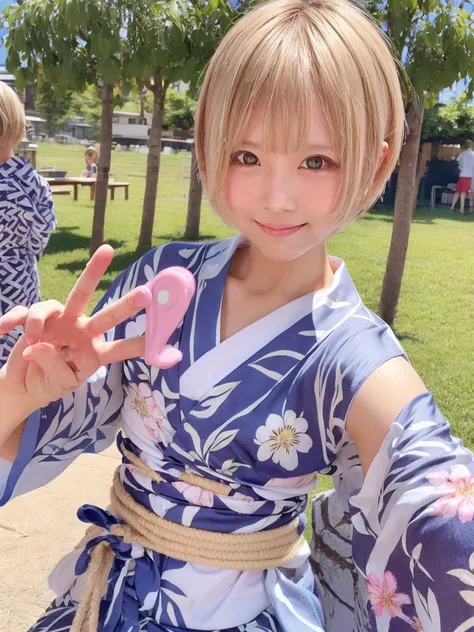 cute girls　blonde short hair upper body　smile　bright　summer festival yukata selfie