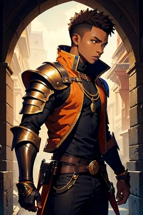 a young African man with short brown hair and orange eyes , medium clothes , knight gauntlets, profile drawing 