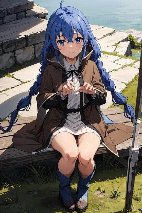 (Highest quality:1.5, High resolution, 超High resolution, 4K, Detailed lighting, Shaders)One Girl, Roxy Migurdia, witch Hat, blue eyes, Blue Hair, Twin Blade, Twin tails, (Brown coat:1.1), Cape, Robe, Braided Ponytail, Knee Boots, witch, Holding, , Black so...