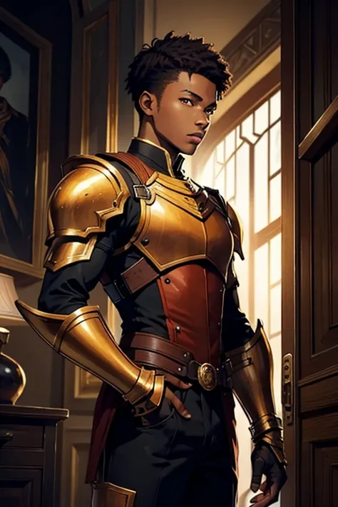 a young African man with short brown hair and orange eyes , medium clothes , knight gauntlets, front profile drawing