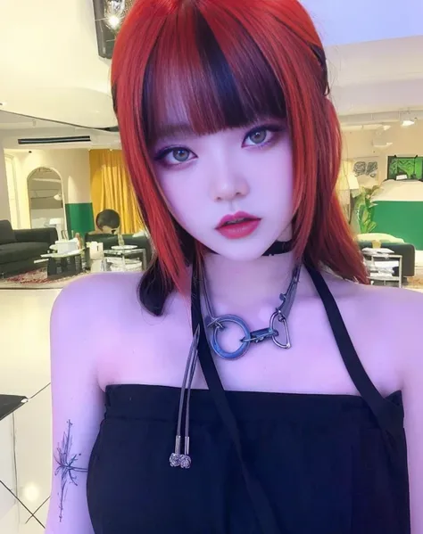 Arafed woman with red hair and a black top posing for a photo., cruel korean gothic girl, 1 7 year old anime gothic girl, 1 7 year old gothic girl, ulzzang, the hime cut, anime girl in real life, pale gothic beauty, she has black hair with bangs, with full...