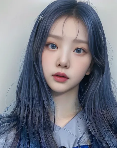 a close up of a person with blue hair and a blue shirt, south korean popular makeup, ulzzang, with blue skin, popular korean mak...