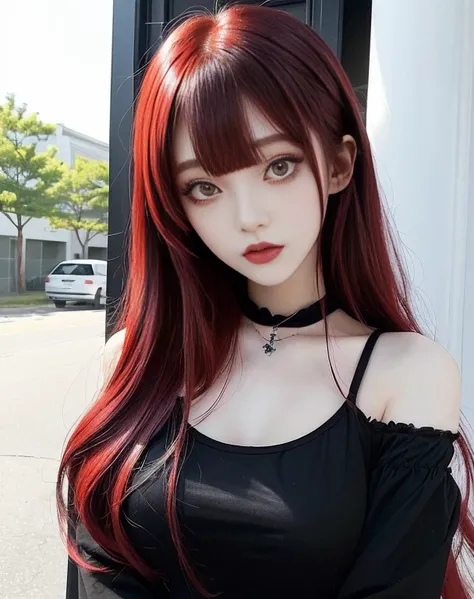 Arafed woman with red hair and a black top posing for a photo., cruel korean gothic girl, 1 7 year old anime gothic girl, 1 7 year old gothic girl, ulzzang, the hime cut, anime girl in real life, pale gothic beauty, she has black hair with bangs, with full...