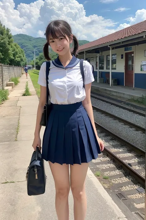 girls in rural railway station,train on far side,cumulonimbus cloud in summer sky,short-sleeved white shirt with sailor collar,navy blue pleated skirt,school bag,18-year-old,bangs,a little smile,thighs,knees,short hair with low pigtails bunches,from beside...