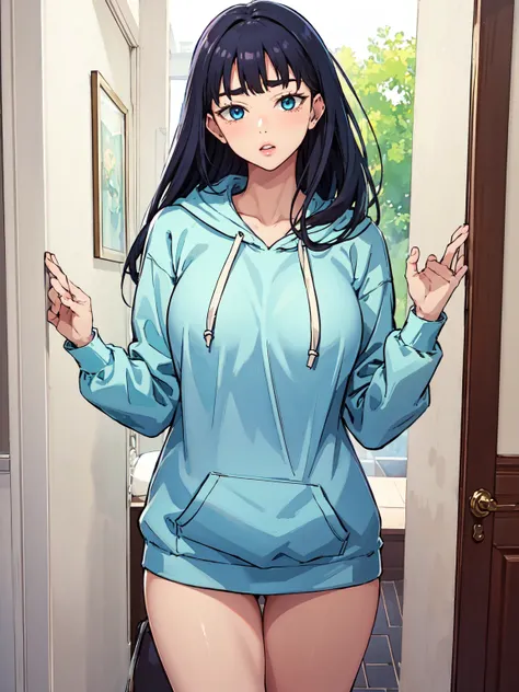 jooridef, black hair, long hair, blue eyes, large breasts, 
1girl, solo, looking at viewer,large hoodie, no pants
masterpiece, b...