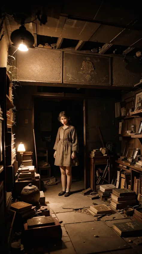 An underground environment full of ancient artifacts, dusty books and broken porcelain dolls.