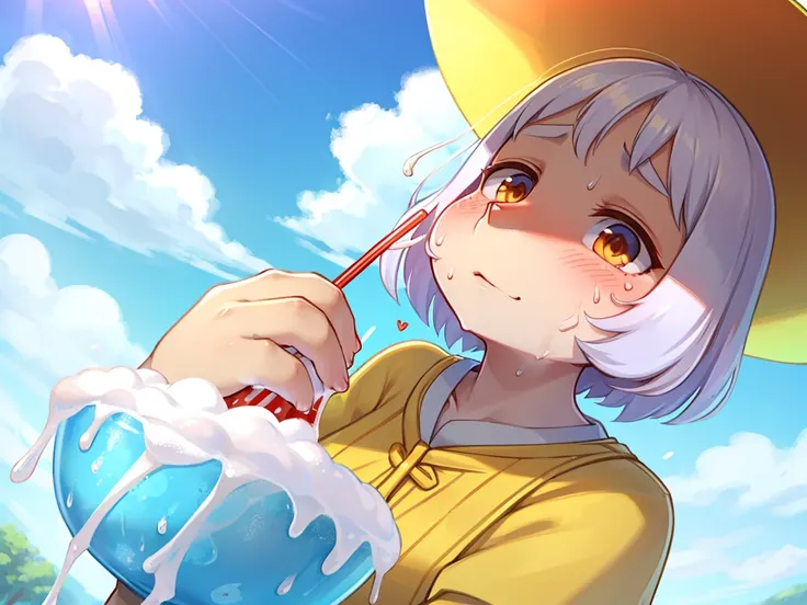 clothed Woman with hyperhidrosis , Sweat oozing out , Sweltering heat , My heart is beating fast with anticipation , shaved ice , summer sunny day , Pouring holy water on shaved ice