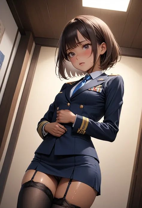 (masterpiece,Highest quality:1.3,best quality illustration),realistic,cowboy shot,1woman,30 year old Japanese beauty,Naval officer、((very small head:1.3)),short bob hair,brown hair,bangs,brown eyes,gorgeous eyes,shy,Heavy breathing,((Dark blue blazer jacke...