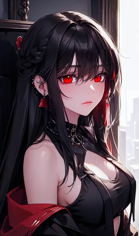 1girl, earrings, solo,lips, female focus, red eyes, looking at viewer, black hair, long hair, closed mouth