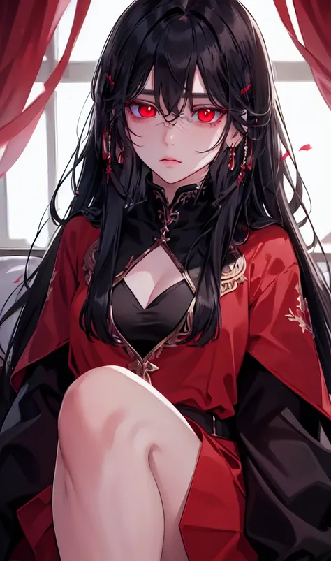 1girl, earrings, solo,lips, female focus, red eyes, looking at viewer, black hair, long hair, closed mouth