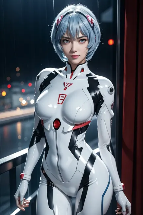 Evangelion,Rei Ayanami,Silver Blue Hair,Red eyes,Red Eyes,Plug Suit,Bodysuits,Interface Headset,白いBodysuits,Ultra HD,super high quality,masterpiece,Digital SLR,Photorealistic,Detailed details,Vivid details,Depicted in detail,A detailed face,Detailed detail...