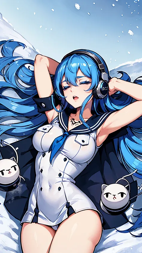 (artwork, best quality) a girl with long blue hair, closed eyes, blue eyelashes, white sailor suit, big breasts, perfect body, beautiful eyes, good waist, tattoo, screaming with joy, arms and legs open, listening to music with a headset, lying in the snow