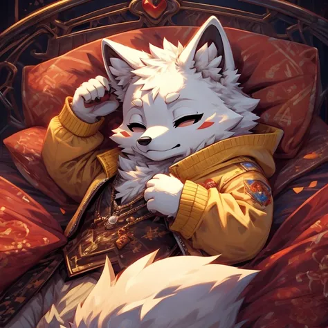 arctic fox napping,  yellow jacket, digitl art, normal hand, bed-in