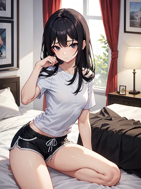 dark eye liner, sharp eyes, thick black hair, semi goth, black eyes, white tshirt, thick thighs, dolfine shorts, small breasts, shoulder length hair,wide hips, thick thighs, small torso, small upper body, dominant, indoors, on knees on bed, 1girl solo