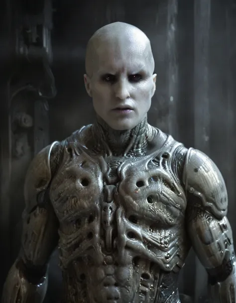 engineer1024, cinematic movie still of the prometheus movie by ridley scott, a bald pale semi-alien male with dark black  eyes, ...